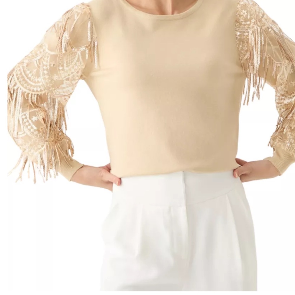 NWT Joseph A. Women's Mixed Media Lace Sequins Sleeve Sweater Khaki Size Large - Picture 3 of 6